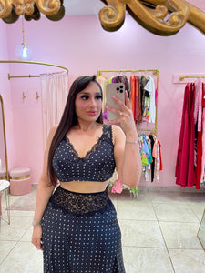 "Irati" Satin Polka Dot Lace Cami Co-ord Skirt Set