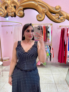 "Irati" Satin Polka Dot Lace Cami Co-ord Skirt Set